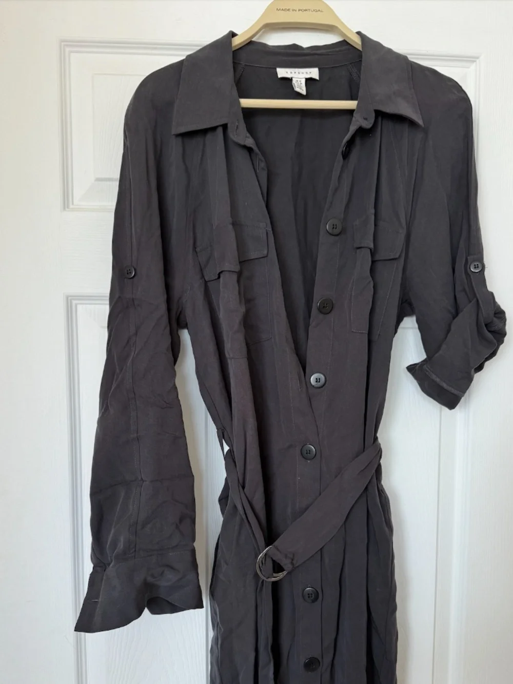 Topshop charcoal Button Shirt Dress Belted Utility Midi /Maxi Dress Roll Sleeve